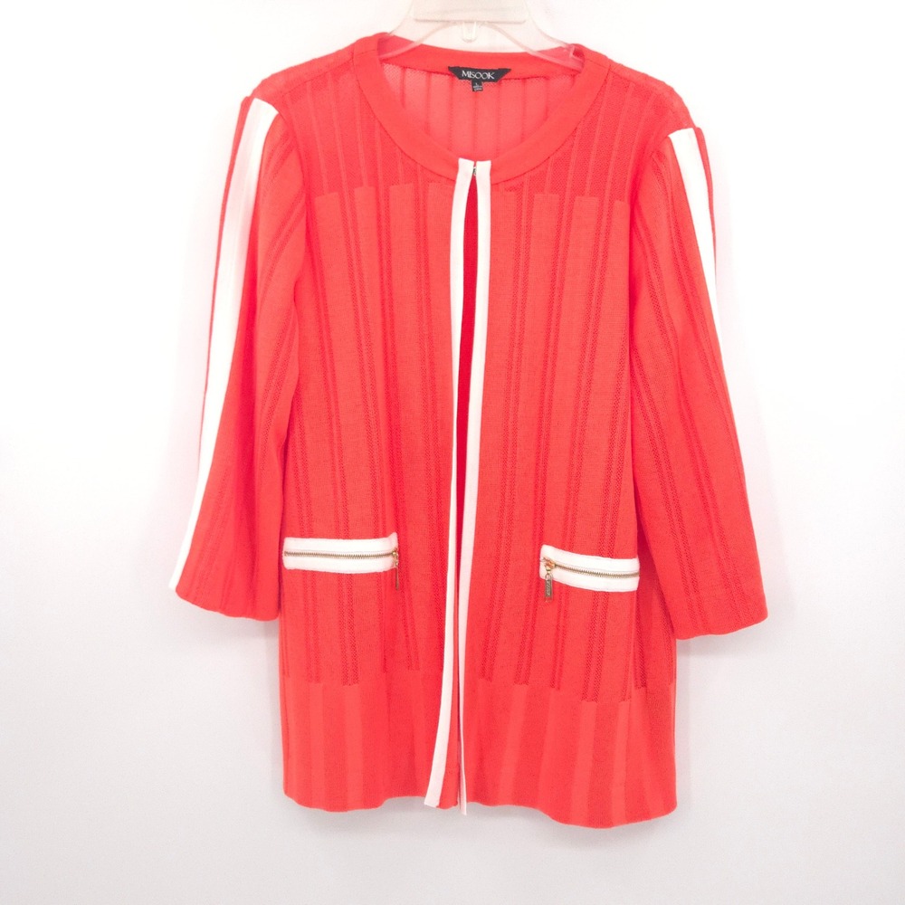 Misook Knit Cardigan Jacket Womens Large Coral Orange White Stripe Zip Pocket